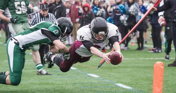 Clay Rust diving for the end zone against the Swansea Titans (Courtesy of Craig Thomas-Tallboy Images)