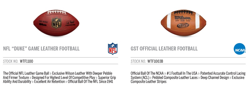 The Wilson "Duke" and "GST Leather" footballs, Wilson's most popular items.